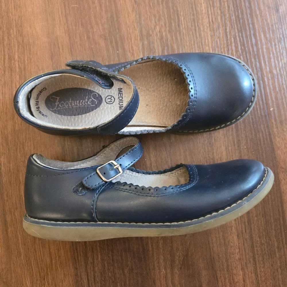 Footmates Girls Navy Blue Leather Scalloped Mary Jane Shoes Size 1Y Medium